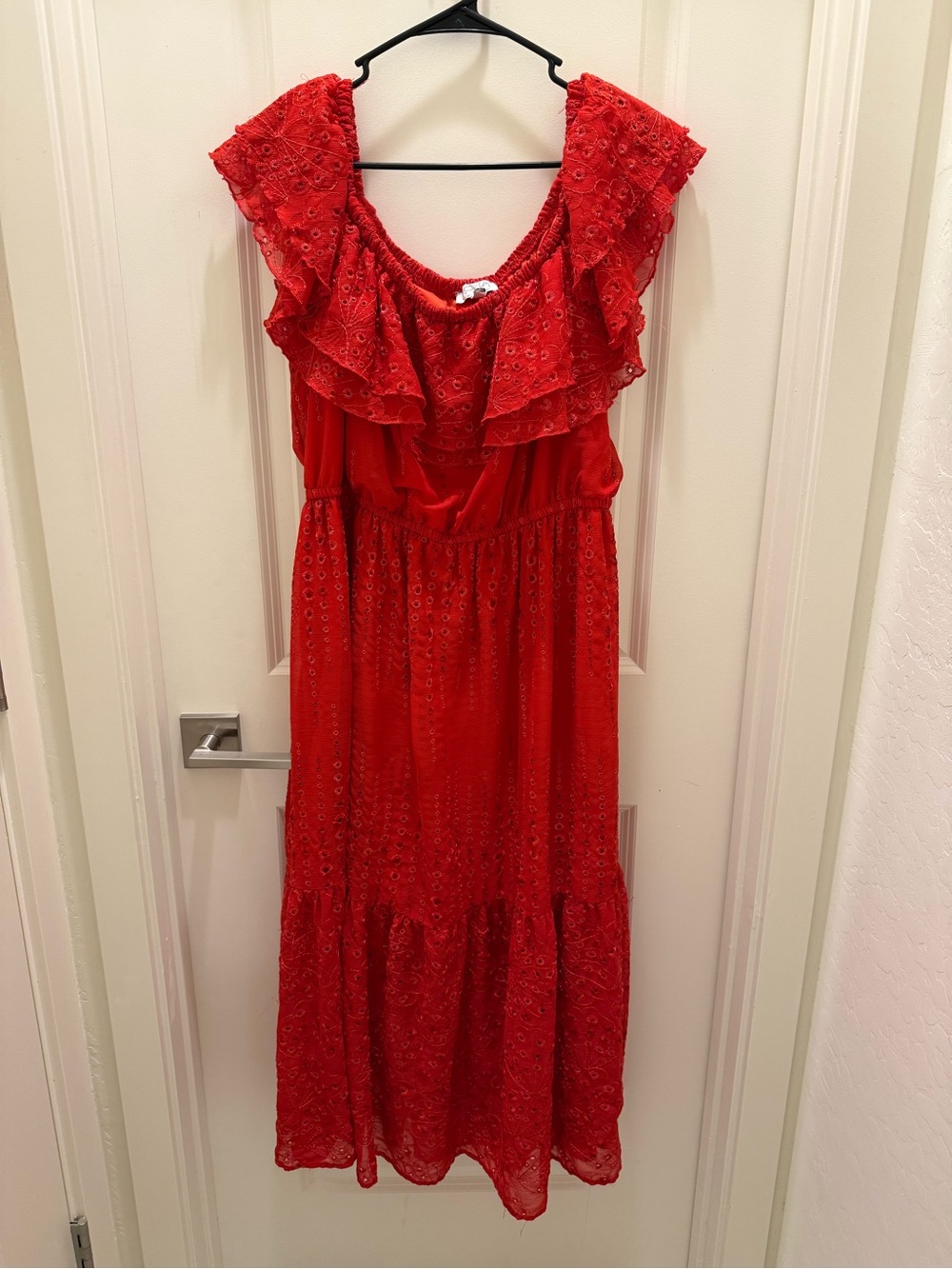 sofia by sofia vergara Red Eyelet Ruffle Maxi Dress